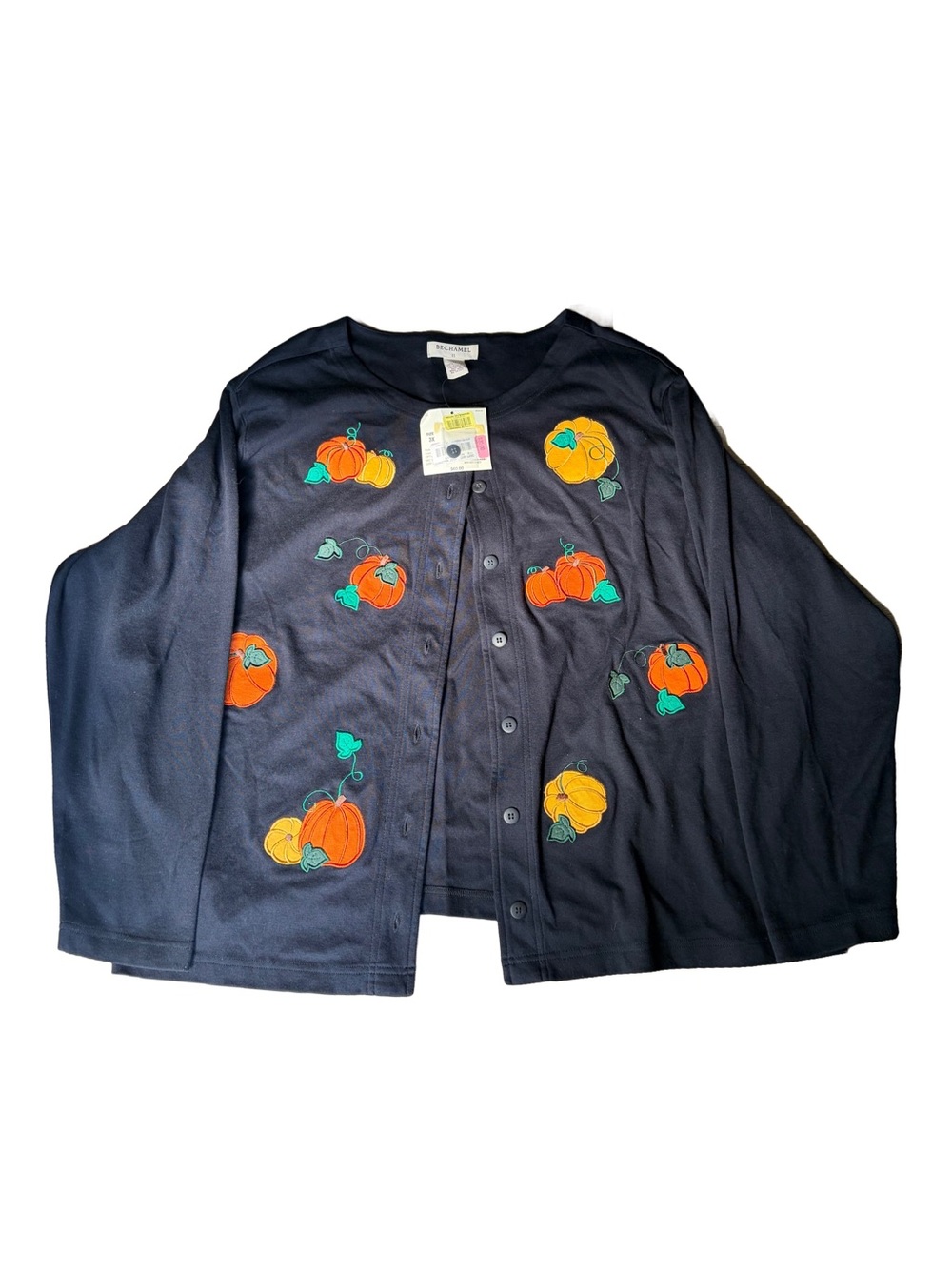 Navy Cardigan with Pumpkin Embroidery